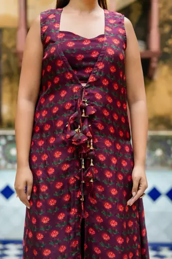 Brown upada silk floral print top and shrug and Palazzo