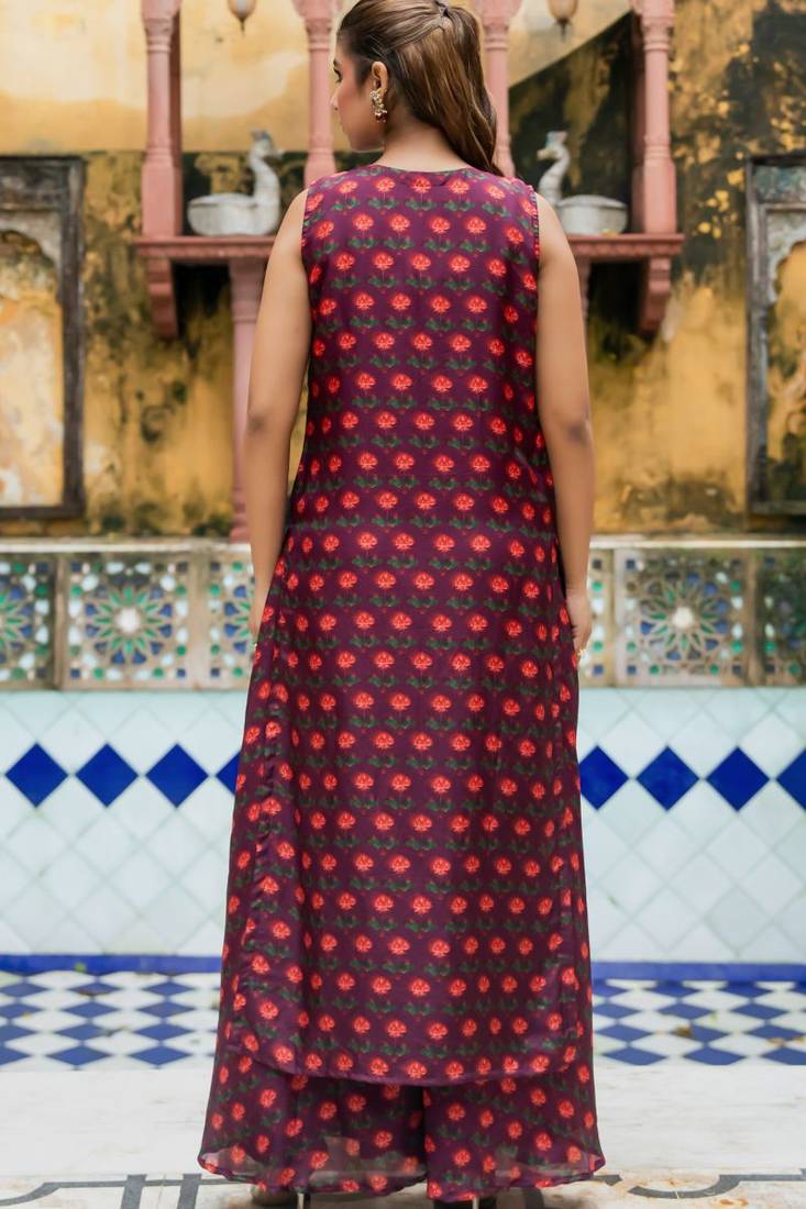 Brown upada silk floral print top and shrug and Palazzo