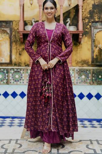 Wine organza anarkali floral print upada silk shrug