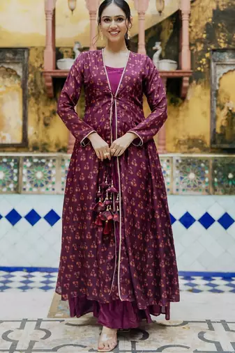 Wine organza anarkali with floral print upada silk shrug