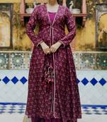 Wine organza anarkali with floral print upada silk shrug