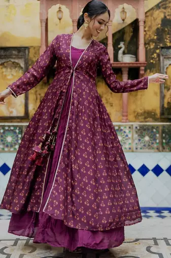 Wine organza anarkali floral print upada silk shrug