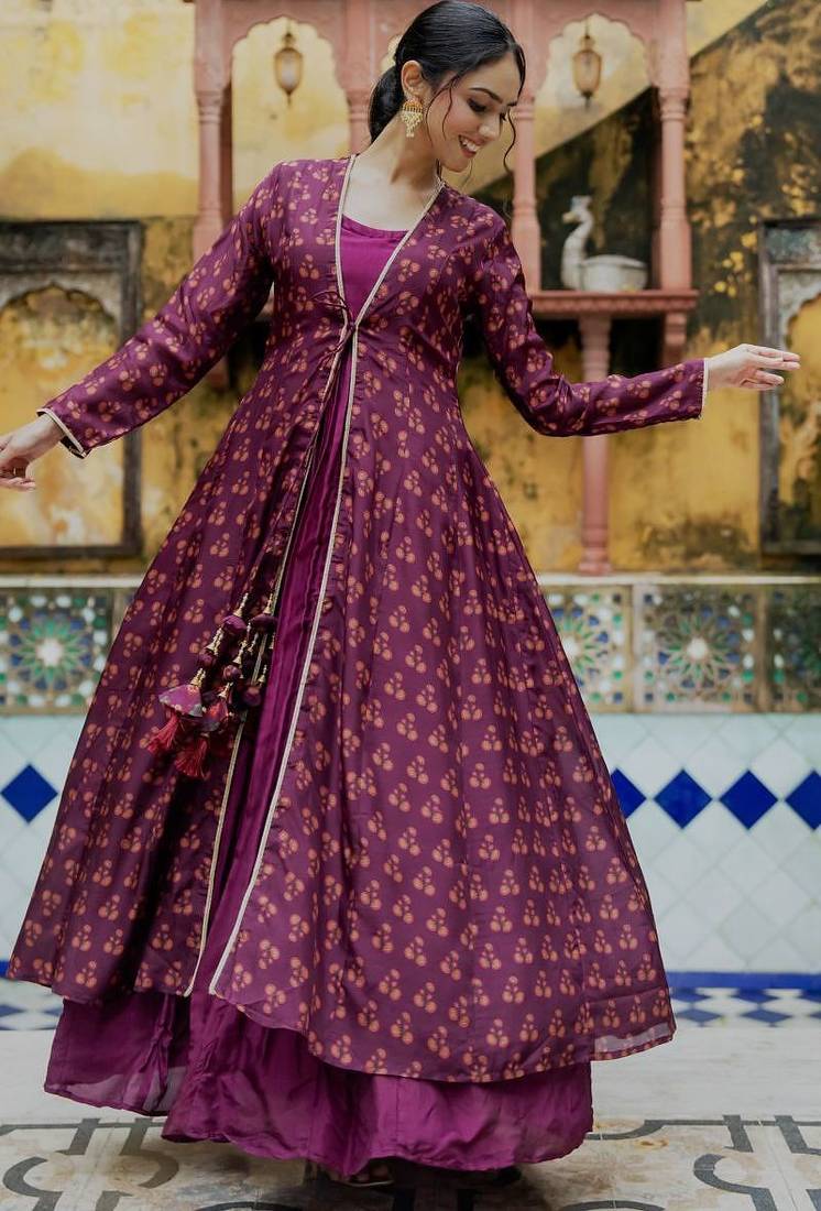 Wine organza anarkali with floral print upada silk shrug