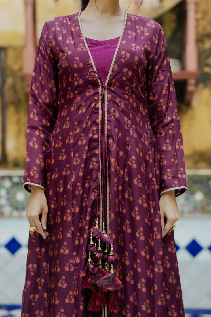 Wine organza anarkali with floral print upada silk shrug