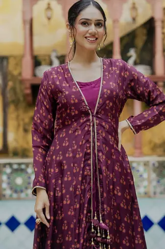 Wine organza anarkali floral print upada silk shrug