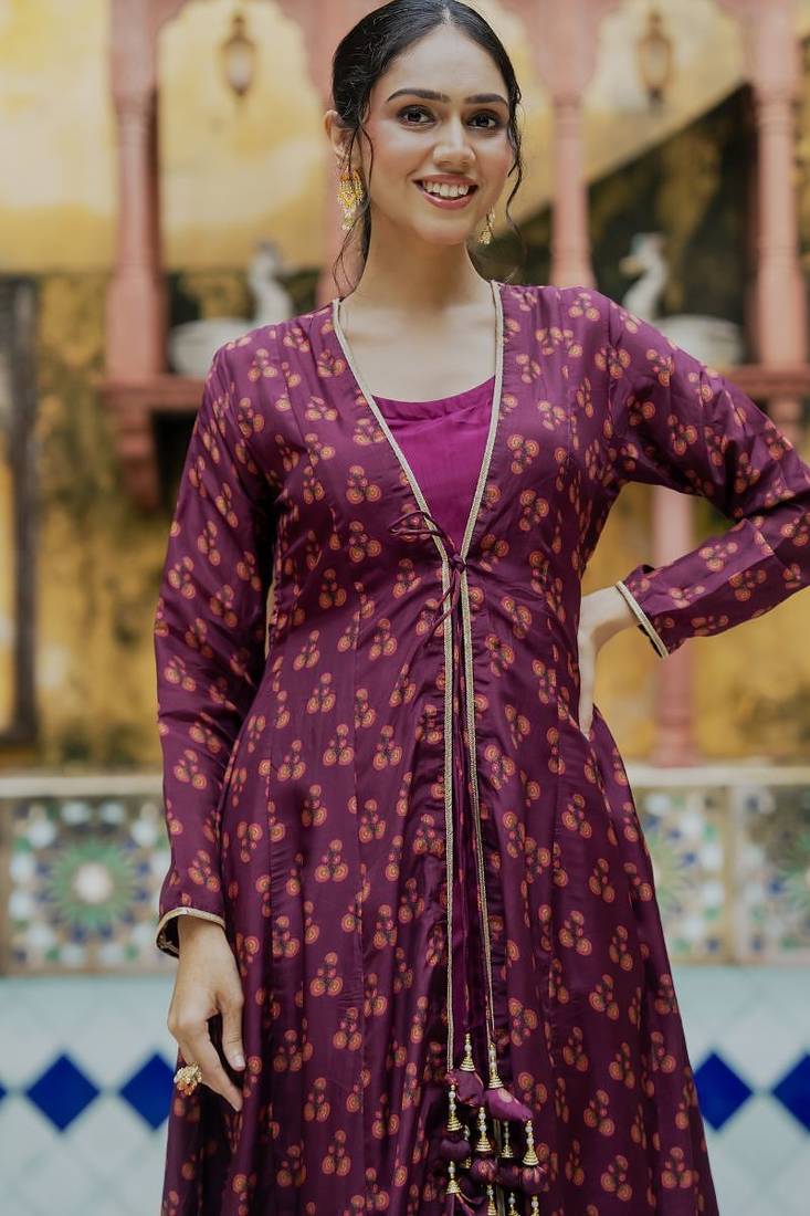 Wine organza anarkali with floral print upada silk shrug