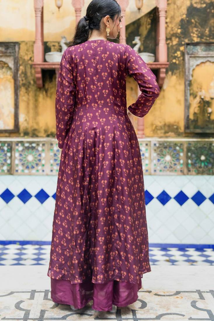 Wine organza anarkali with floral print upada silk shrug