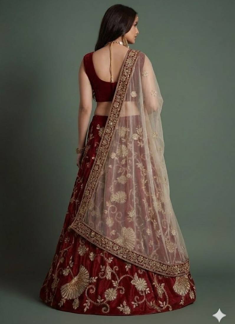 Maroon Zari And Sequins Embroidered Semi Velvet Semi Stitched Lehenga Choli For Wedding