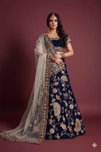 Navy Blue Velvet Stone Work Embroidered Traditional Lehenga Choli With Net Dupatta