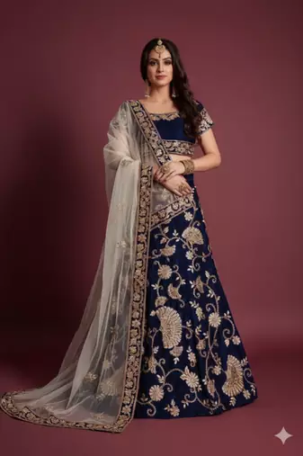 Navy Blue Velvet Stone Work Embroidered Traditional Lehenga Choli With Net Dupatta