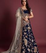 Navy Blue Velvet Stone Work Embroidered Traditional Lehenga Choli With Net Dupatta