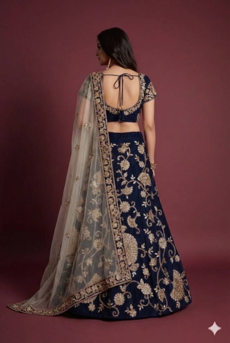 Navy Blue Velvet Stone Work Embroidered Traditional Lehenga Choli With Net Dupatta