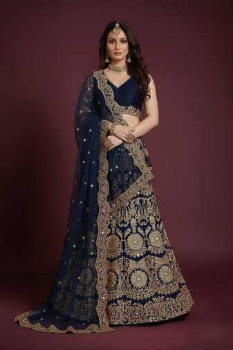 Navy Blue Lehenga Choli With Sequins Work And Net Dupatta - Semi-Stitched
