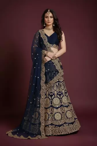 Navy Blue Lehenga Choli With Sequins Work And Net Dupatta - Semi-Stitched