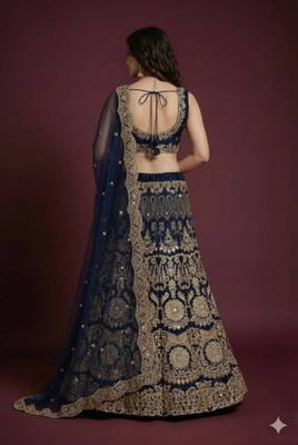 Navy Blue Lehenga Choli With Sequins Work And Net Dupatta - Semi-Stitched 6