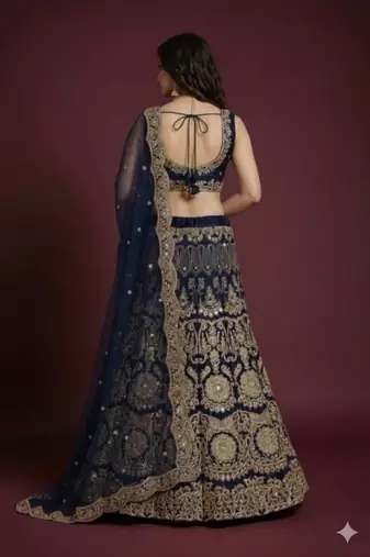 Navy Blue Lehenga Choli With Sequins Work And Net Dupatta - Semi-Stitched
