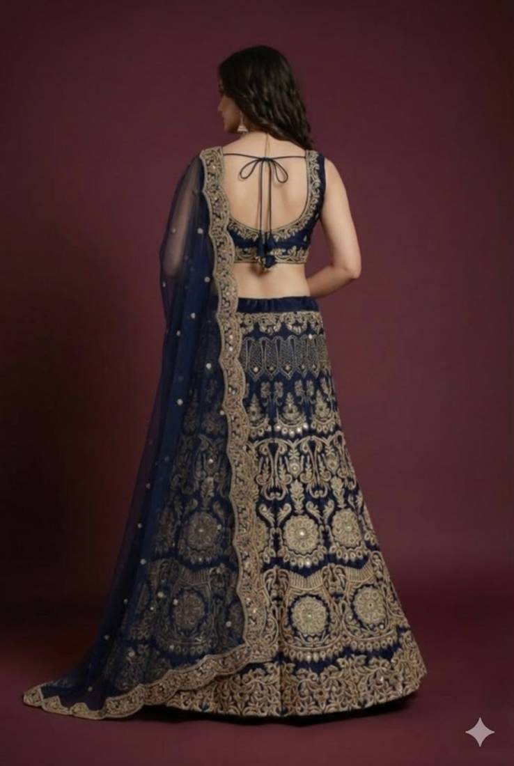 Navy Blue Lehenga Choli With Sequins Work And Net Dupatta - Semi-Stitched