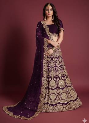 Wine Sequins Embroidered Semi Velvet Lehenga Choli For Wedding 1