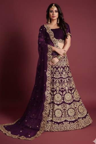 Wine Sequins Embroidered Semi Velvet Lehenga Choli For Wedding