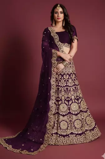 Wine Sequins Embroidered Semi Velvet Lehenga Choli For Wedding