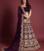 Wine Sequins Embroidered Semi Velvet Lehenga Choli For Wedding