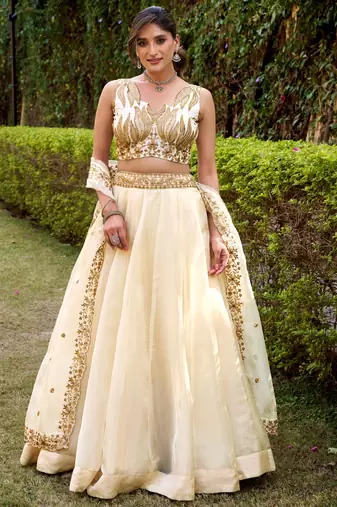 off white embroidered silk lehenga set choli with dupatta