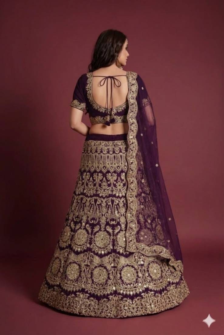 Wine Sequins Embroidered Semi Velvet Lehenga Choli For Wedding