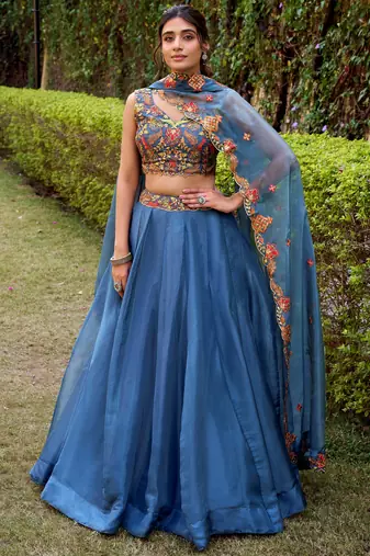 blue embroidered silk lehenga set choli with dupatta
