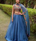 blue embroidered silk lehenga set choli with dupatta