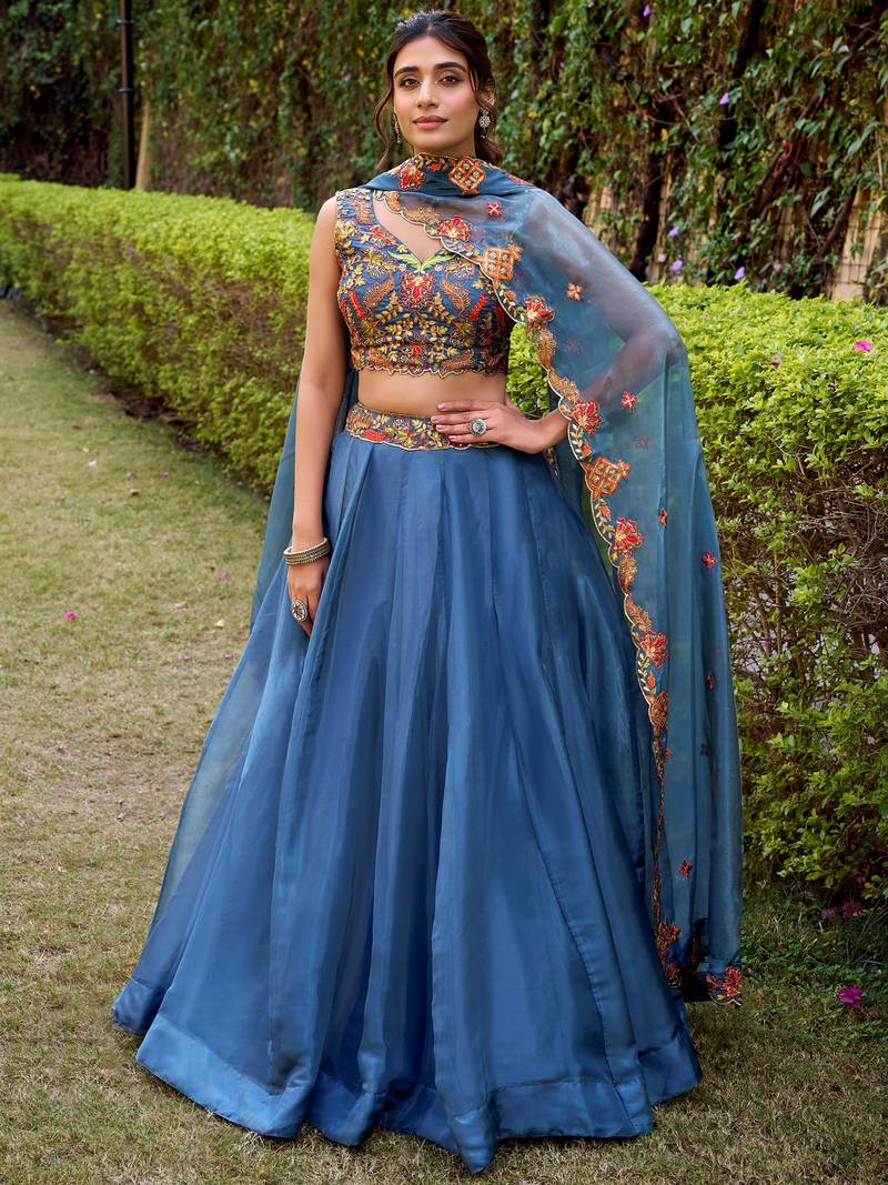 blue embroidered silk lehenga set choli with dupatta