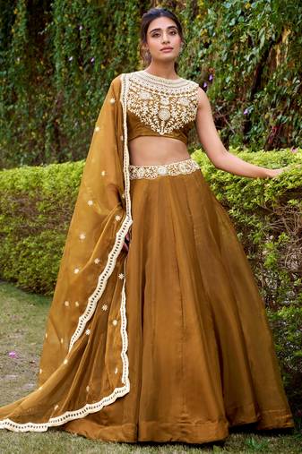 brown embroidered silk lehenga set choli with dupatta