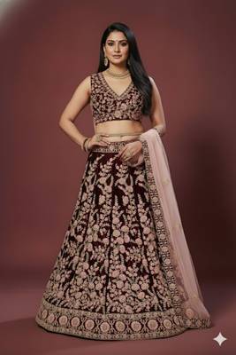 Maroon Thread, Dori & Sequins Embroidered Velvet Semi Stitched Bridal Lehenga 1