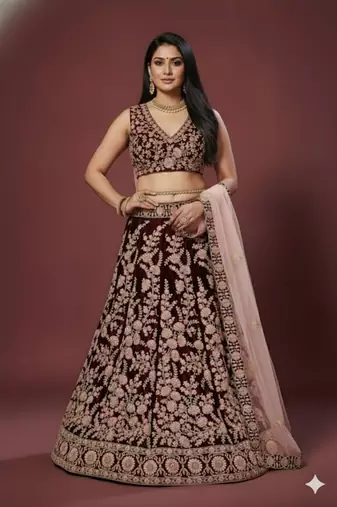 Maroon Thread, Dori & Sequins Embroidered Velvet Semi Stitched Bridal Lehenga