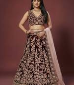 Maroon Thread, Dori & Sequins Embroidered Velvet Semi Stitched Bridal Lehenga