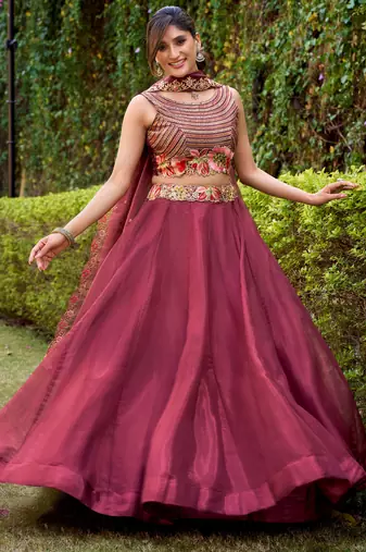 maroon embroidered silk lehenga set choli with dupatta