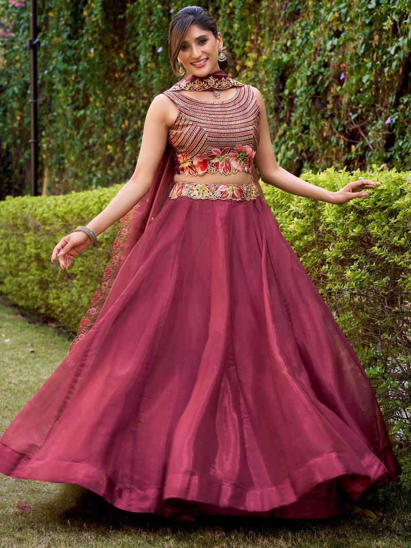maroon embroidered silk lehenga set choli with dupatta