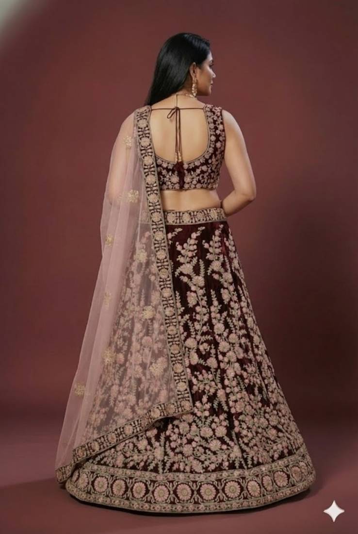 Maroon Thread, Dori & Sequins Embroidered Velvet Semi Stitched Bridal Lehenga