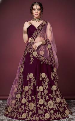Purple Embroidered Velvet Semi Stitched Lehenga With Dupatta 1