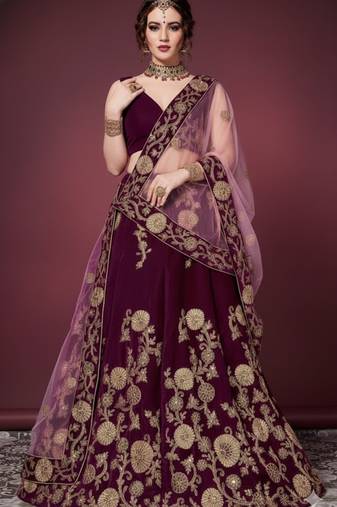 Purple Embroidered Velvet Semi Stitched Lehenga With Dupatta