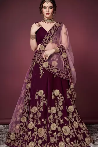 Purple Embroidered Velvet Semi Stitched Lehenga With Dupatta