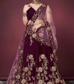 Purple Embroidered Velvet Semi Stitched Lehenga With Dupatta