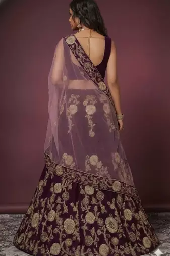 Purple Embroidered Velvet Semi Stitched Lehenga With Dupatta