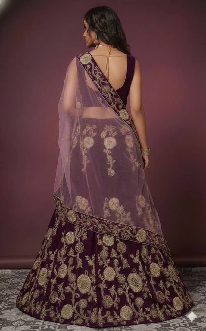 Purple Embroidered Velvet Semi Stitched Lehenga With Dupatta