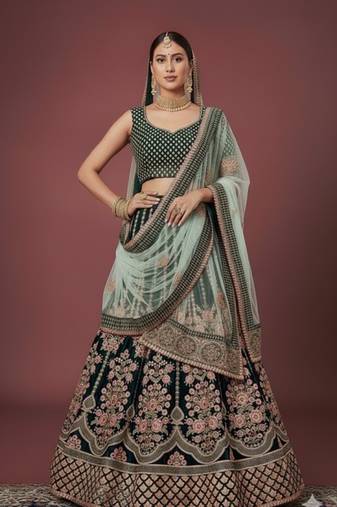 Green Zari & Dori Embroidered with Diamond Work Velvet Semi Stitched Lehenga