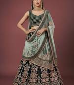 Green Zari & Dori Embroidered with Diamond Work Velvet Semi Stitched Lehenga