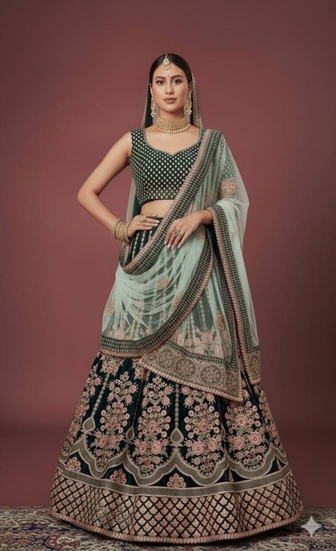 Green Zari & Dori Embroidered with Diamond Work Velvet Semi Stitched Lehenga