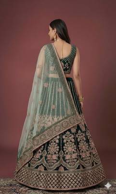 Green Zari & Dori Embroidered with Diamond Work Velvet Semi Stitched Lehenga 7