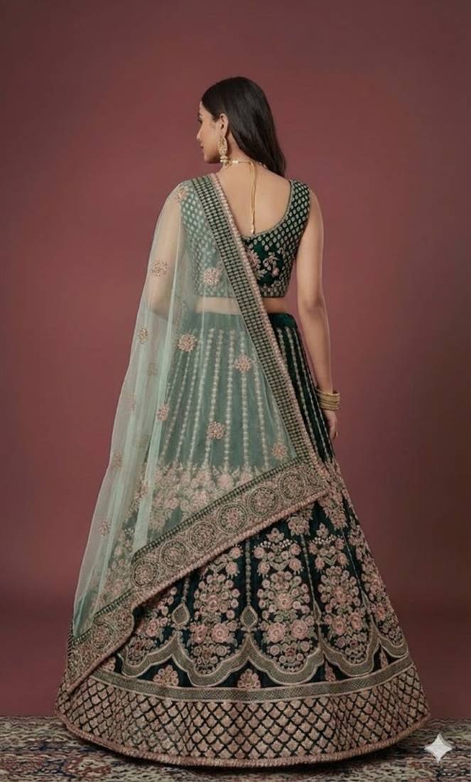 Green Zari & Dori Embroidered with Diamond Work Velvet Semi Stitched Lehenga