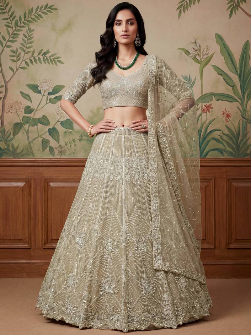 beige embroidered net lehenga set choli with dupatta