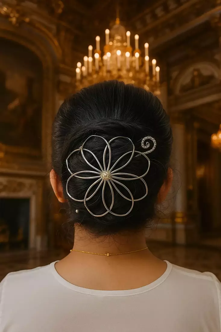 Floral spiral silver-plated hair bun cage with fork: navratri festive hair pin